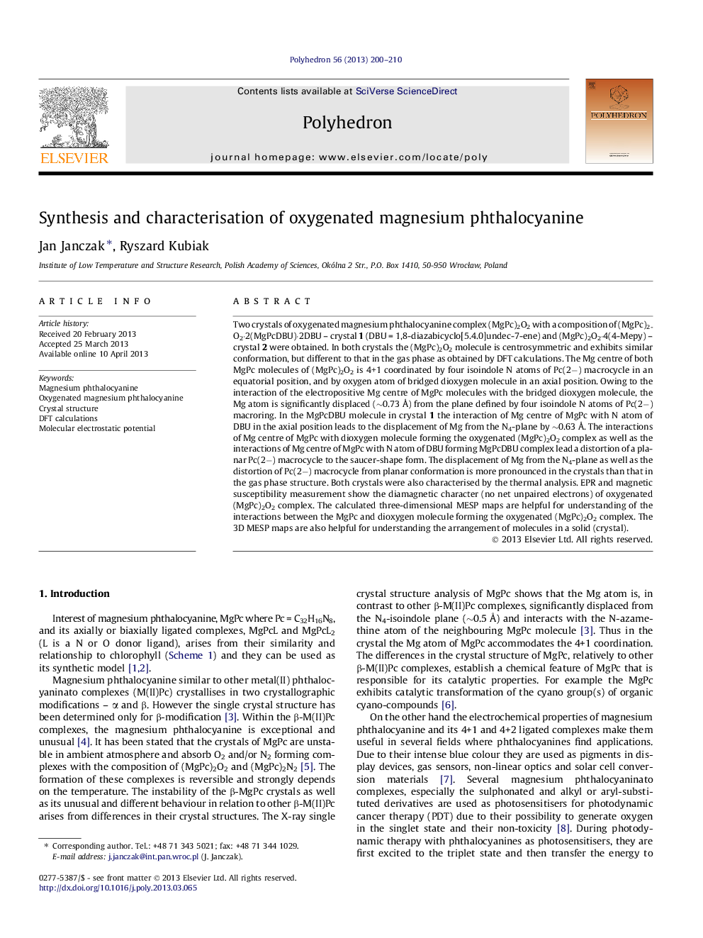 Synthesis and characterisation of oxygenated magnesium phthalocyanine