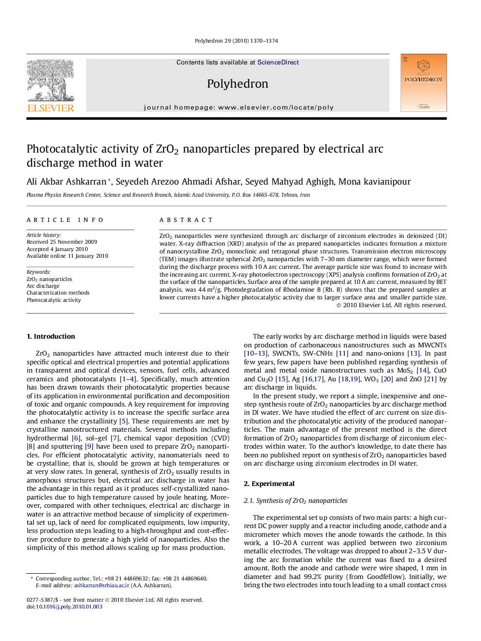 Photocatalytic activity of ZrO2 nanoparticles prepared by electrical arc discharge method in water