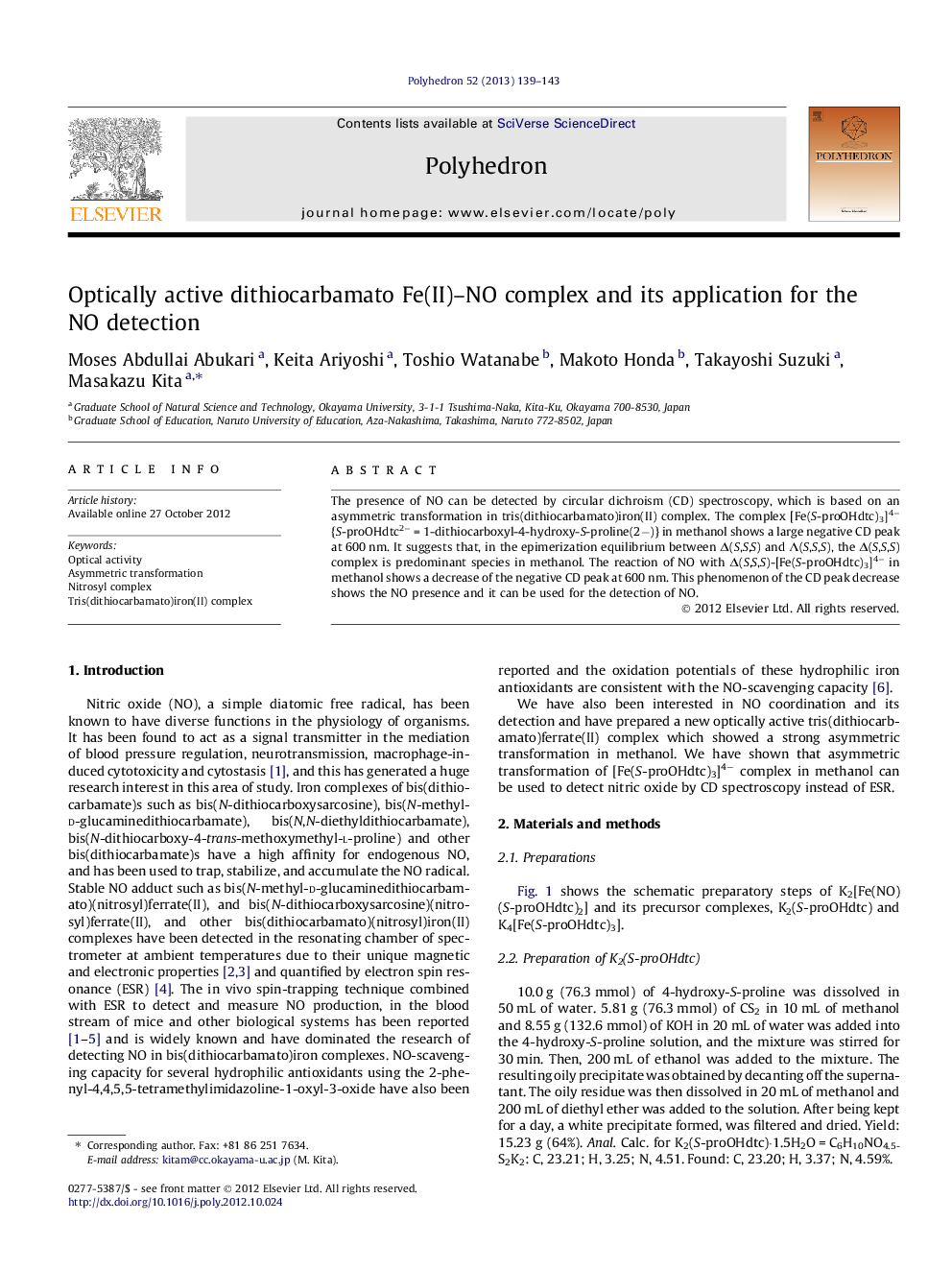 Optically active dithiocarbamato Fe(II)–NO complex and its application for the NO detection