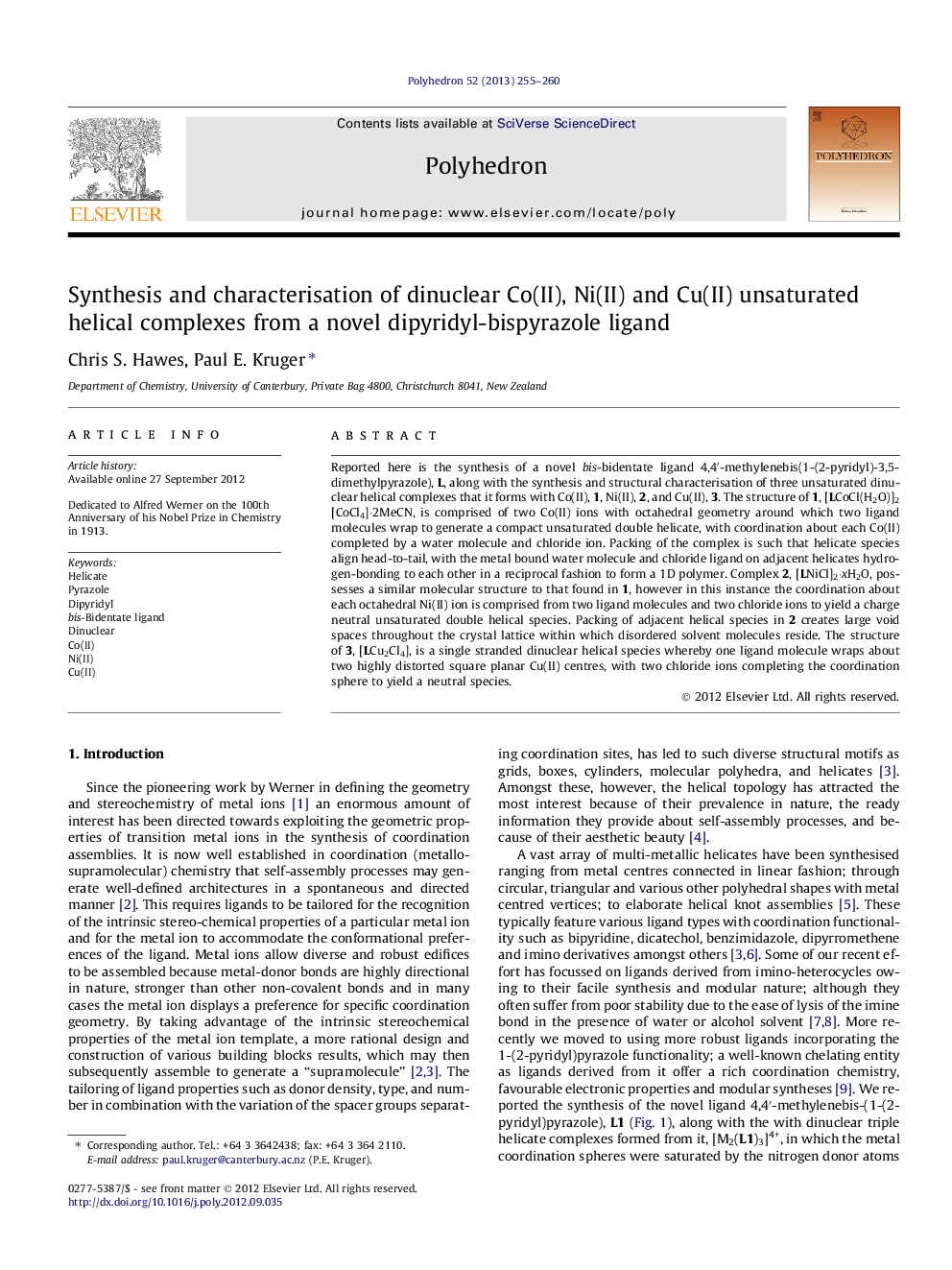 Synthesis and characterisation of dinuclear Co(II), Ni(II) and Cu(II) unsaturated helical complexes from a novel dipyridyl-bispyrazole ligand