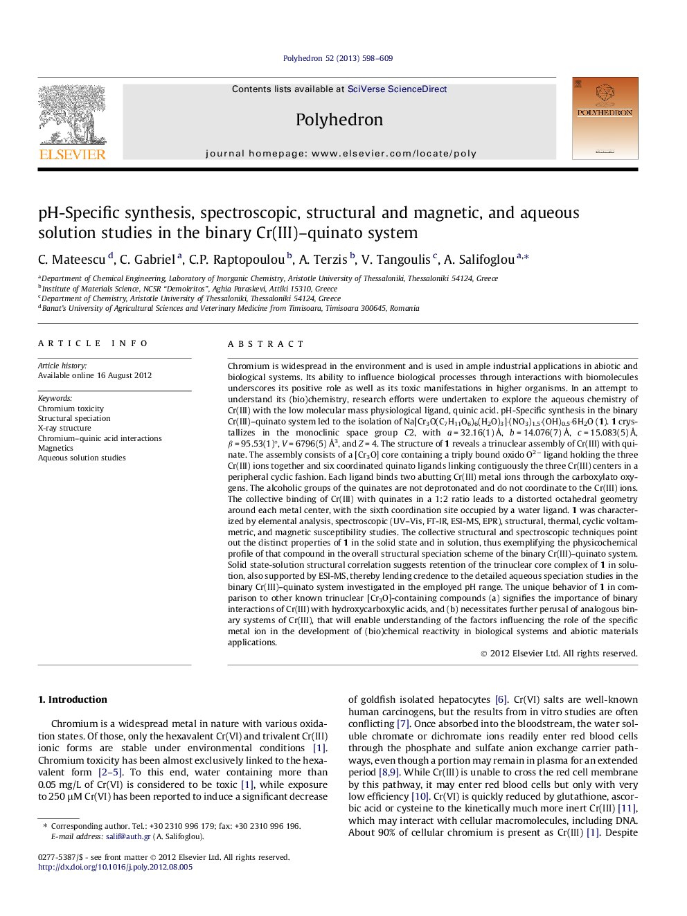 pH-Specific synthesis, spectroscopic, structural and magnetic, and aqueous solution studies in the binary Cr(III)–quinato system