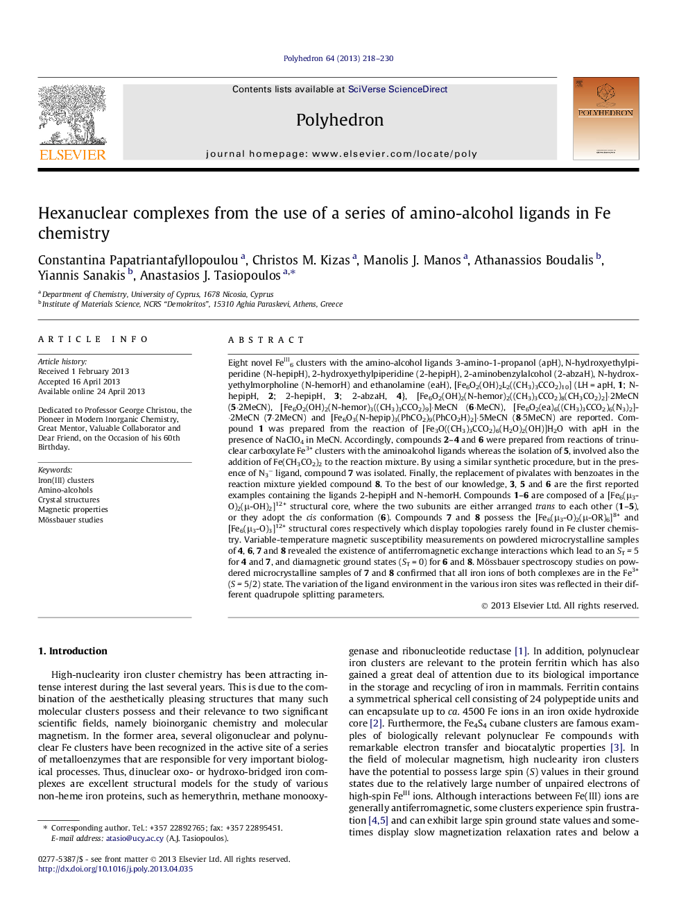 Hexanuclear complexes from the use of a series of amino-alcohol ligands in Fe chemistry