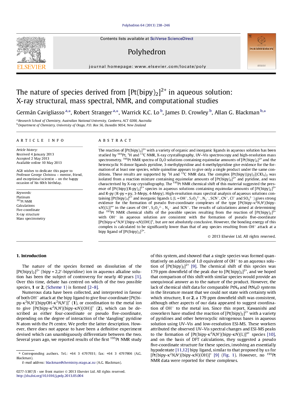 The nature of species derived from [Pt(bipy)2]2+ in aqueous solution: X-ray structural, mass spectral, NMR, and computational studies