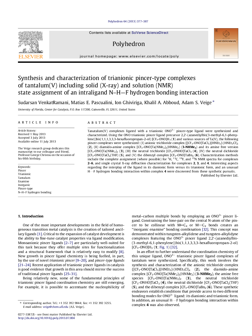 Synthesis and characterization of trianionic pincer-type complexes of tantalum(V) including solid (X-ray) and solution (NMR) state assignment of an intraligand N–H—F hydrogen bonding interaction