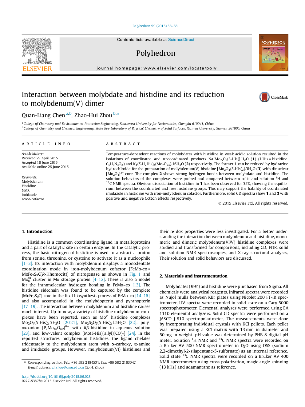 Interaction between molybdate and histidine and its reduction to molybdenum(V) dimer