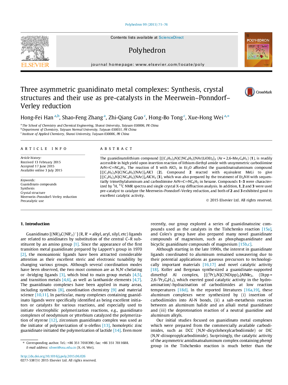 عکس صفحه اول مقاله: Three asymmetric guanidinato metal complexes: Synthesis, crystal structures and their use as pre-catalysts in the Meerwein–Ponndorf–Verley reduction Three asymmetric guanidinato metal complexes: Synthesis, crystal structures and their use as pre-catalysts in the Meerwein–Ponndorf–Verley reduction