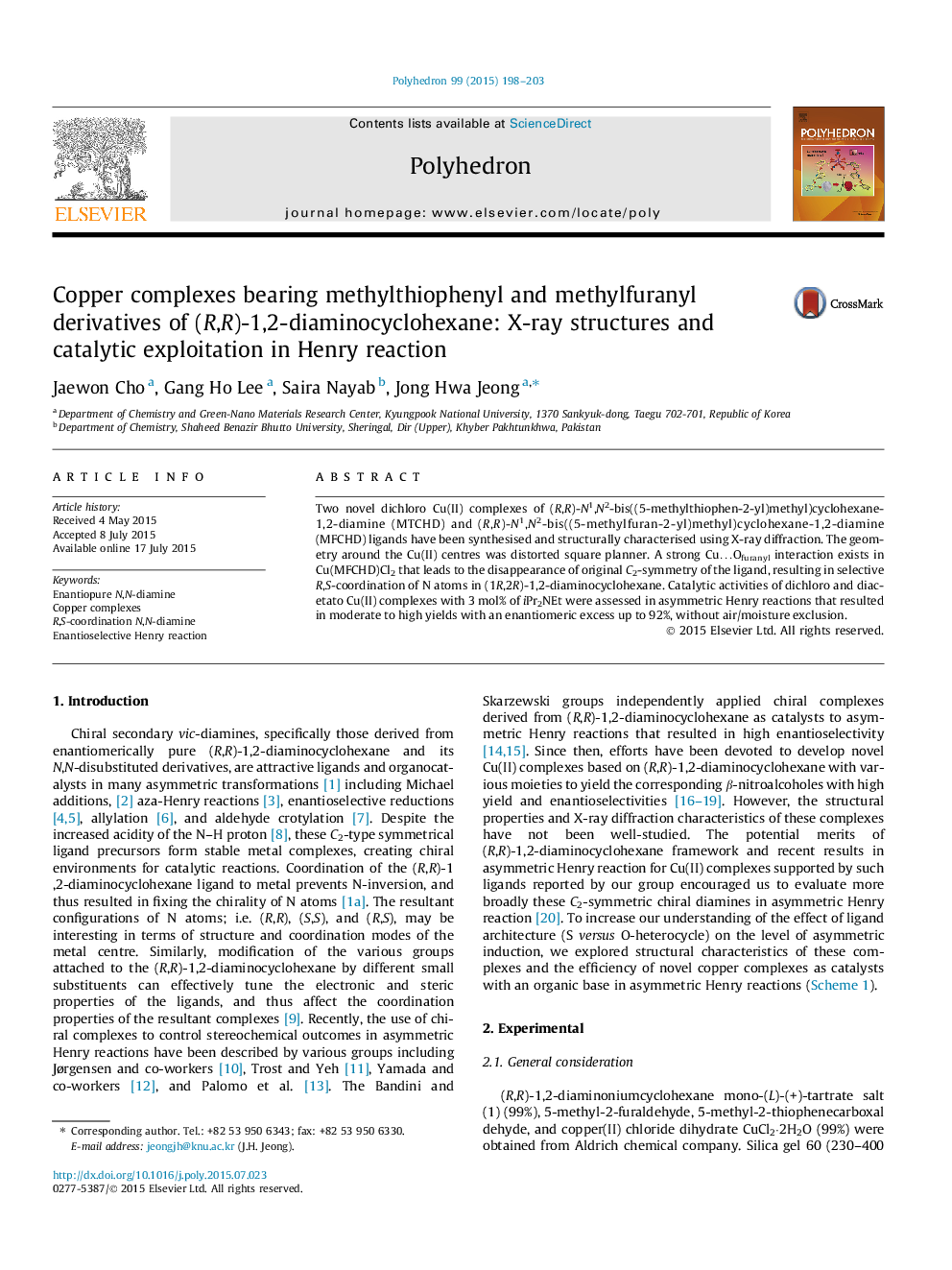 Copper complexes bearing methylthiophenyl and methylfuranyl derivatives of (R,R)-1,2-diaminocyclohexane: X-ray structures and catalytic exploitation in Henry reaction