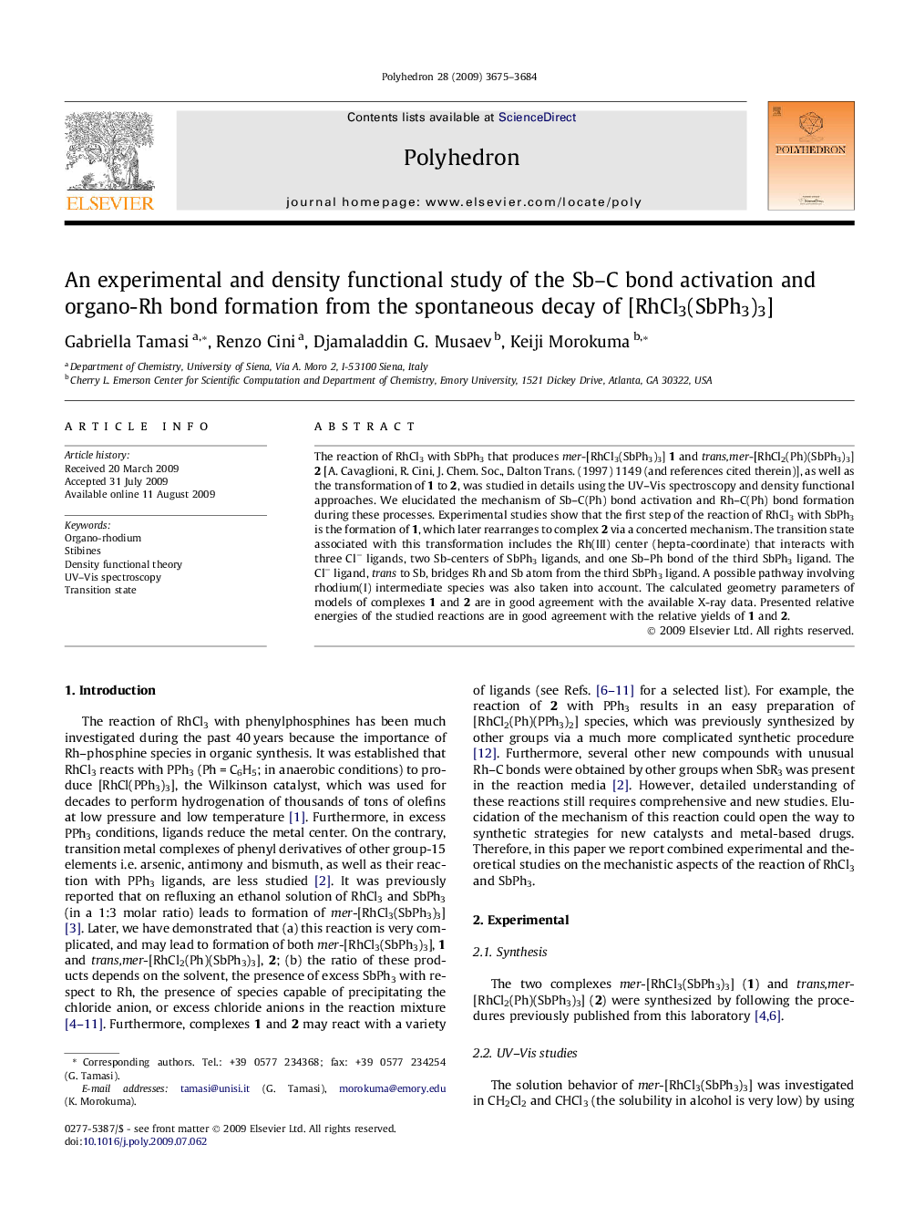 An experimental and density functional study of the Sb-C bond activation and organo-Rh bond formation from the spontaneous decay of [RhCl3(SbPh3)3]