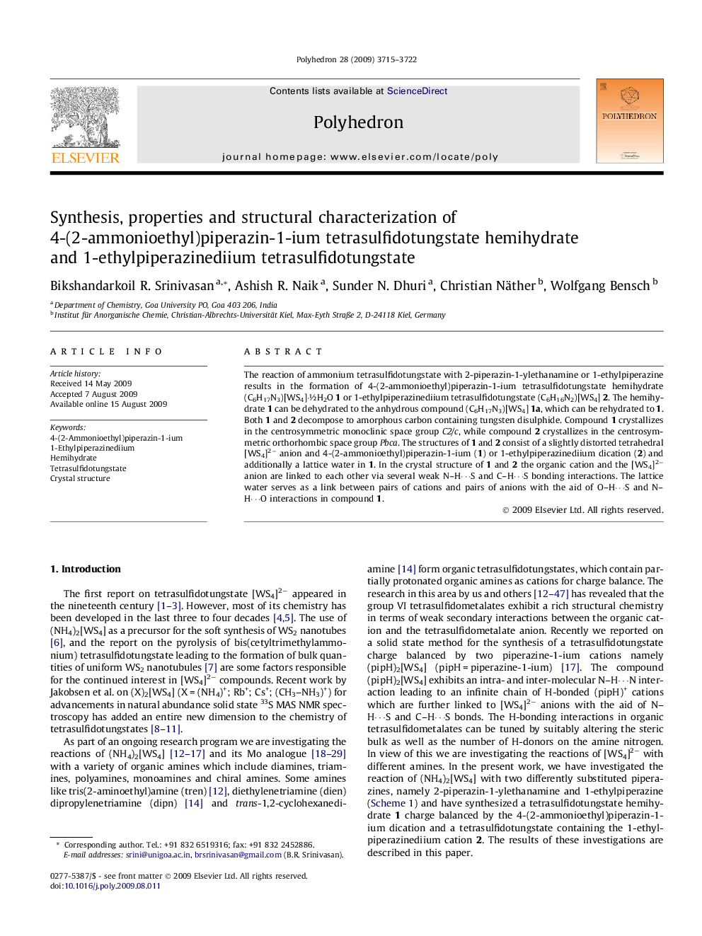 Synthesis, properties and structural characterization of 4-(2-ammonioethyl)piperazin-1-ium tetrasulfidotungstate hemihydrate and 1-ethylpiperazinediium tetrasulfidotungstate