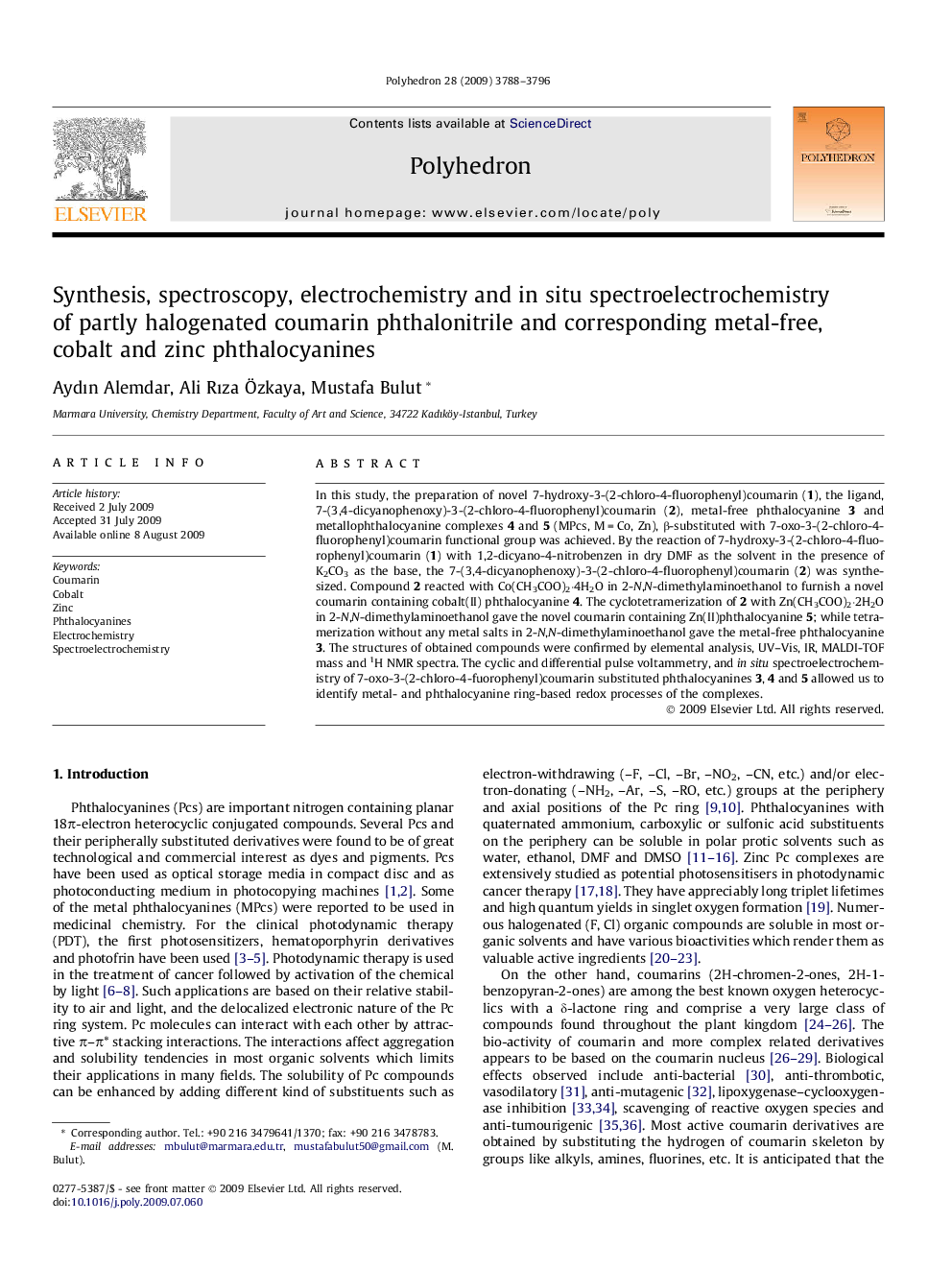 Synthesis, spectroscopy, electrochemistry and in situ spectroelectrochemistry of partly halogenated coumarin phthalonitrile and corresponding metal-free, cobalt and zinc phthalocyanines