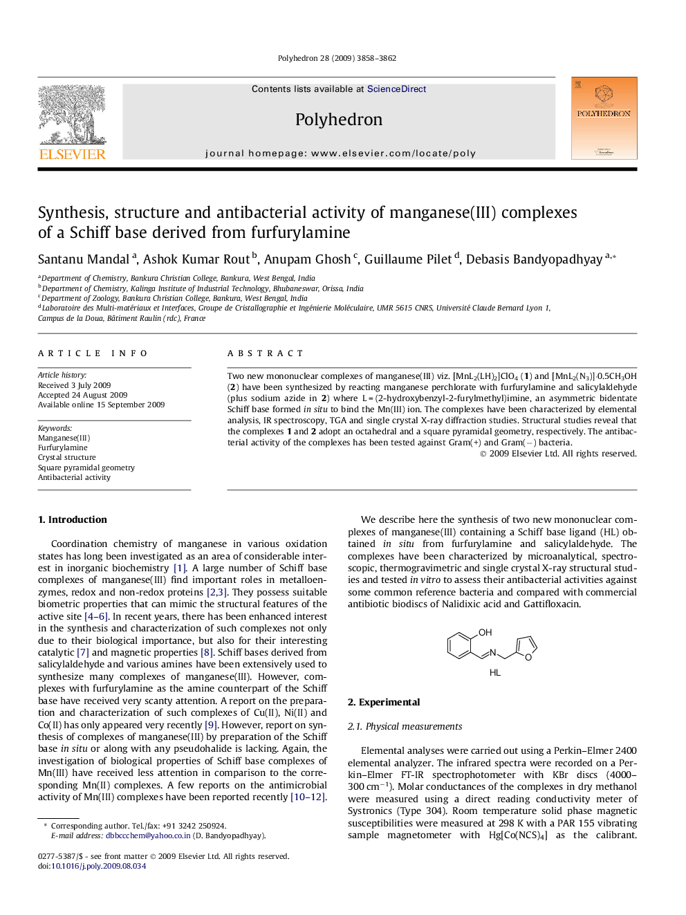 Synthesis, structure and antibacterial activity of manganese(III) complexes of a Schiff base derived from furfurylamine