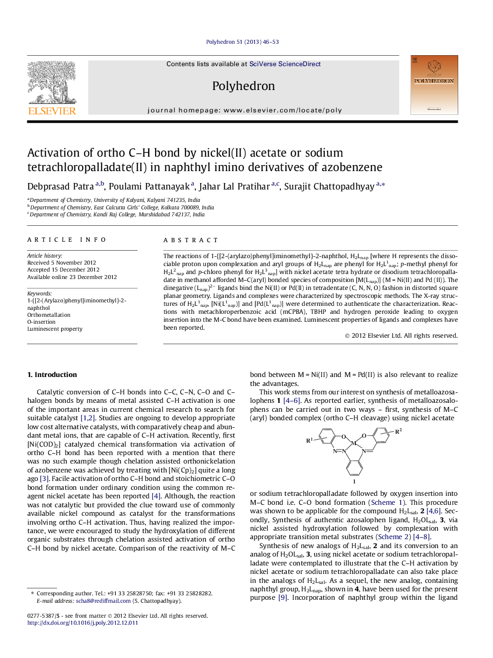 Activation of ortho C–H bond by nickel(II) acetate or sodium tetrachloropalladate(II) in naphthyl imino derivatives of azobenzene