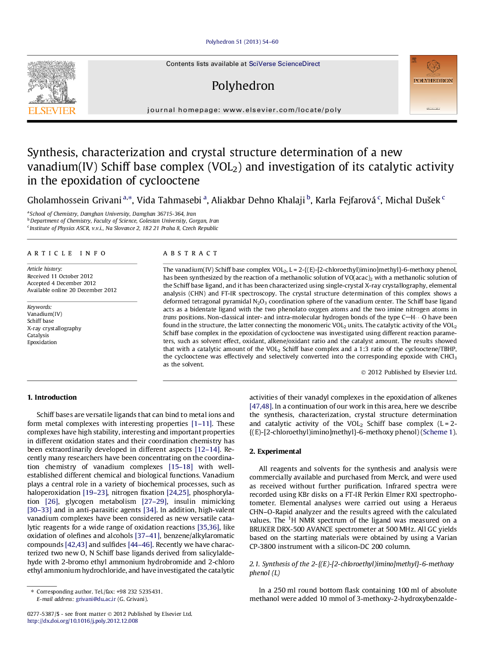 Synthesis, characterization and crystal structure determination of a new vanadium(IV) Schiff base complex (VOL2) and investigation of its catalytic activity in the epoxidation of cyclooctene