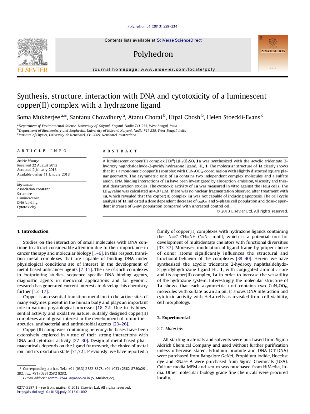 عکس صفحه اول مقاله: Synthesis, structure, interaction with DNA and cytotoxicity of a luminescent copper(II) complex with a hydrazone ligand Synthesis, structure, interaction with DNA and cytotoxicity of a luminescent copper(II) complex with a hydrazone ligand