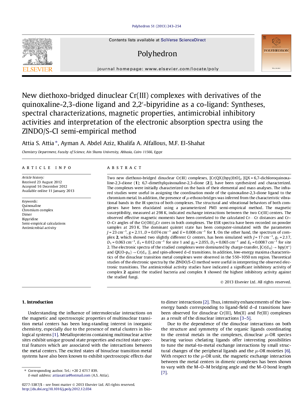 New diethoxo-bridged dinuclear Cr(III) complexes with derivatives of the quinoxaline-2,3-dione ligand and 2,2′-bipyridine as a co-ligand: Syntheses, spectral characterizations, magnetic properties, antimicrobial inhibitory activities and interpretation of