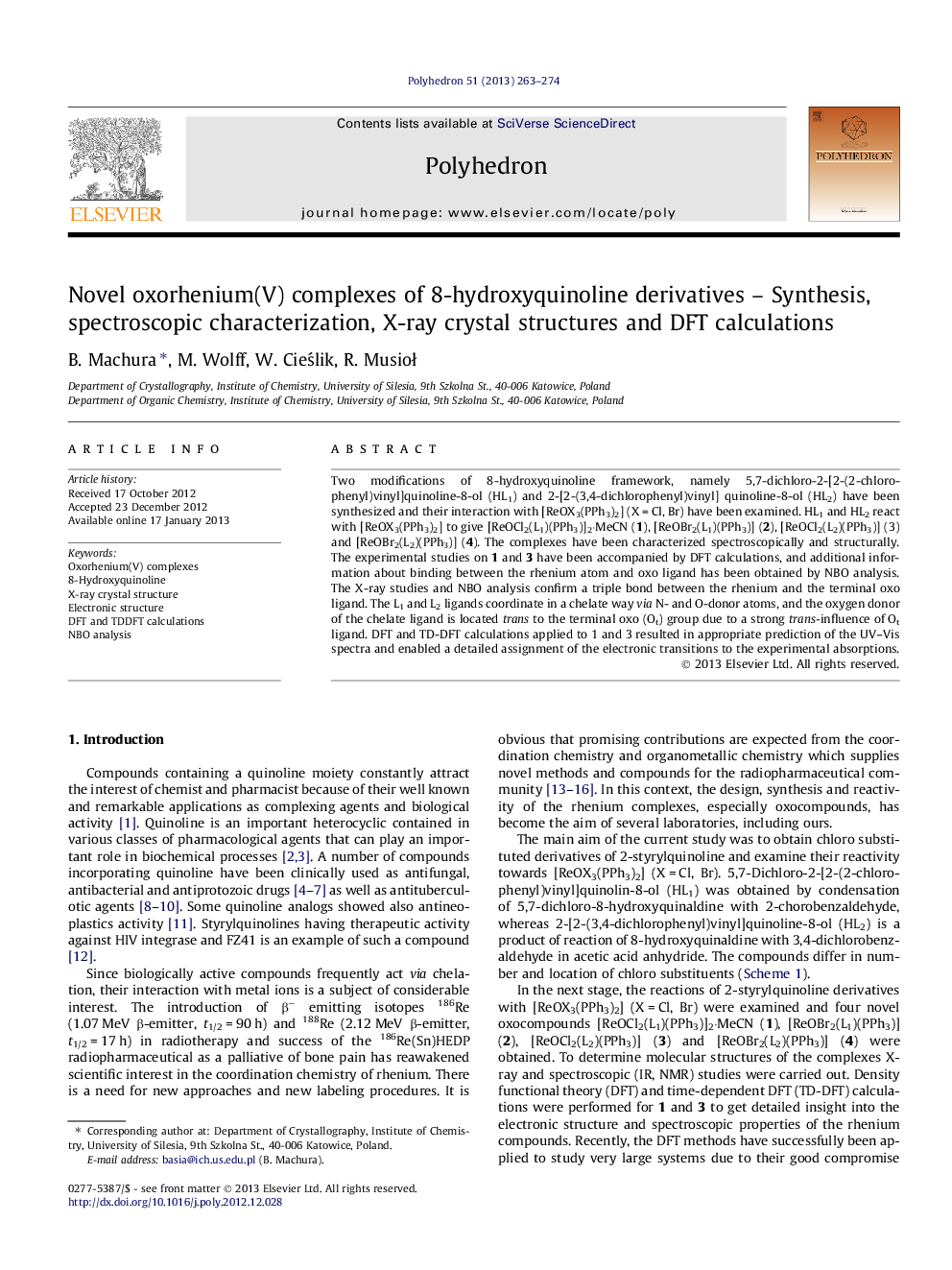 Novel oxorhenium(V) complexes of 8-hydroxyquinoline derivatives – Synthesis, spectroscopic characterization, X-ray crystal structures and DFT calculations