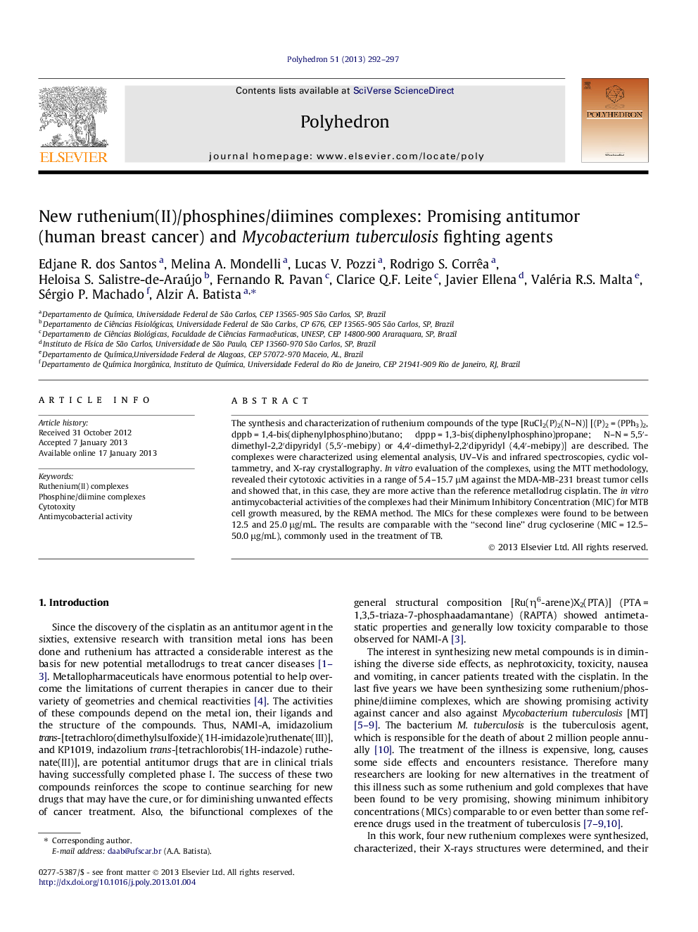 New ruthenium(II)/phosphines/diimines complexes: Promising antitumor (human breast cancer) and Mycobacterium tuberculosis fighting agents