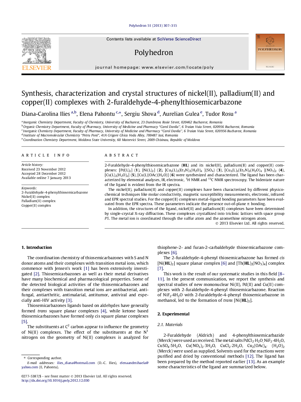 Synthesis, characterization and crystal structures of nickel(II), palladium(II) and copper(II) complexes with 2-furaldehyde-4-phenylthiosemicarbazone