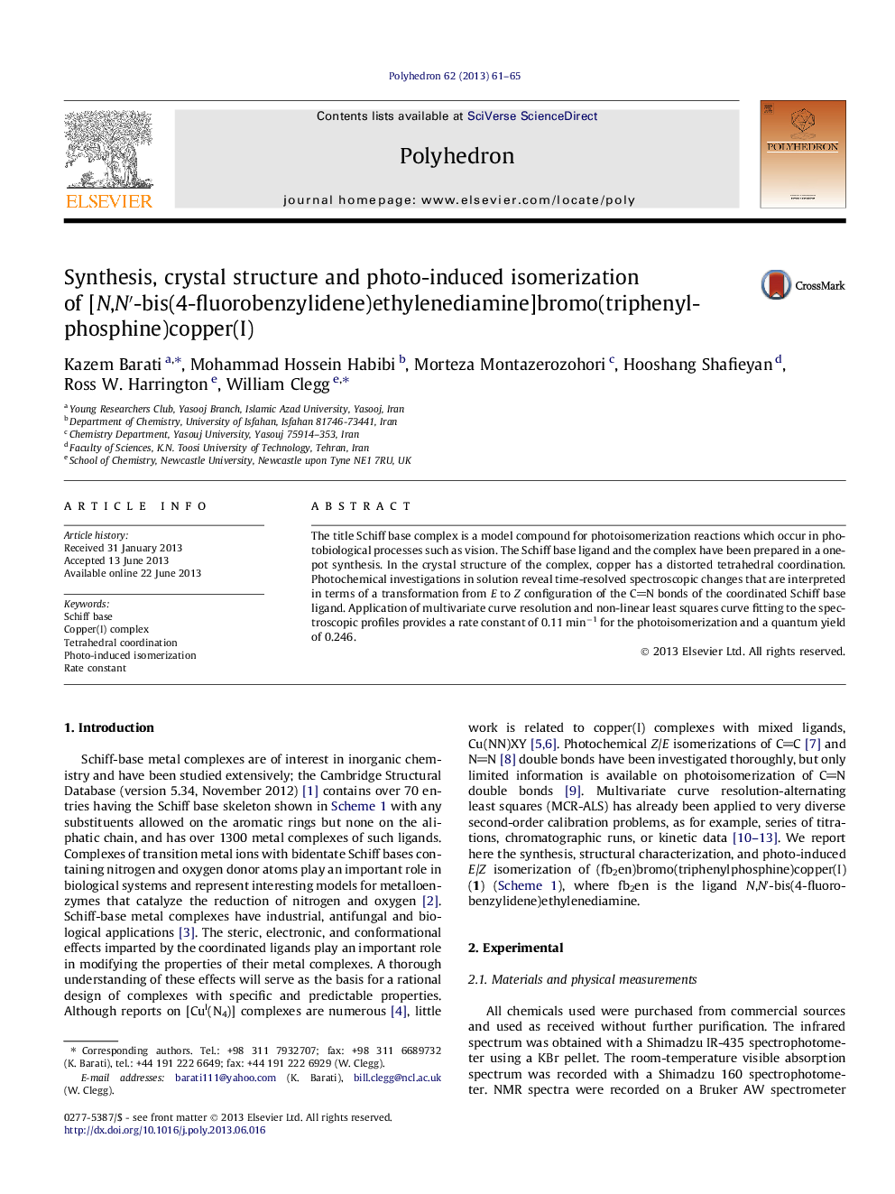 Synthesis, crystal structure and photo-induced isomerization of [N,N′-bis(4-fluorobenzylidene)ethylenediamine]bromo(triphenylphosphine)copper(I)