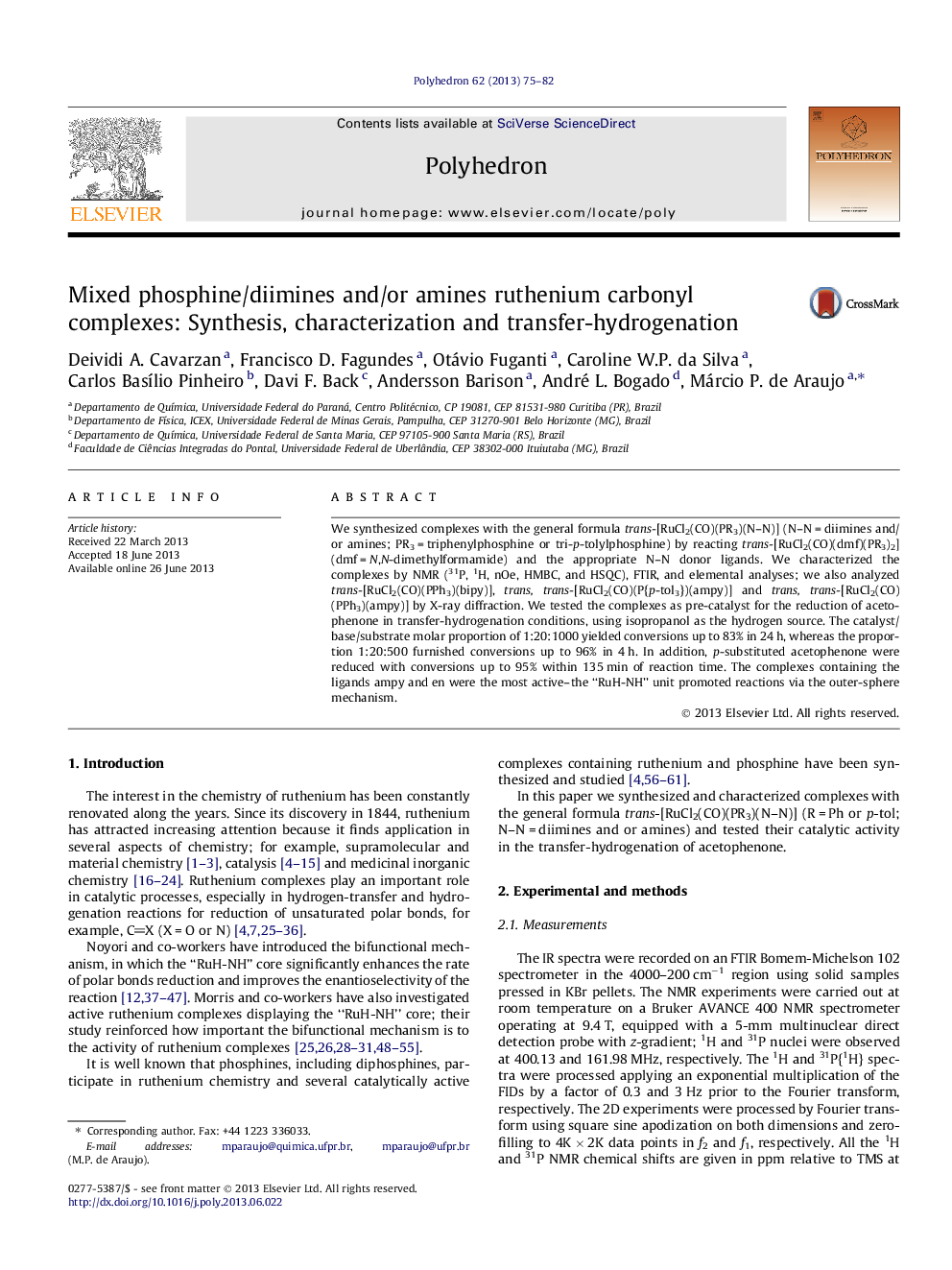 Mixed phosphine/diimines and/or amines ruthenium carbonyl complexes: Synthesis, characterization and transfer-hydrogenation