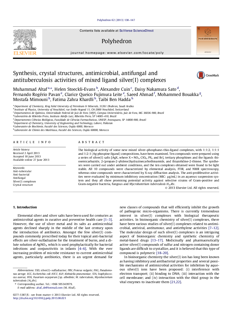 عکس صفحه اول مقاله: Synthesis, crystal structures, antimicrobial, antifungal and antituberculosis activities of mixed ligand silver(I) complexes Synthesis, crystal structures, antimicrobial, antifungal and antituberculosis activities of mixed ligand silver(I) complexes