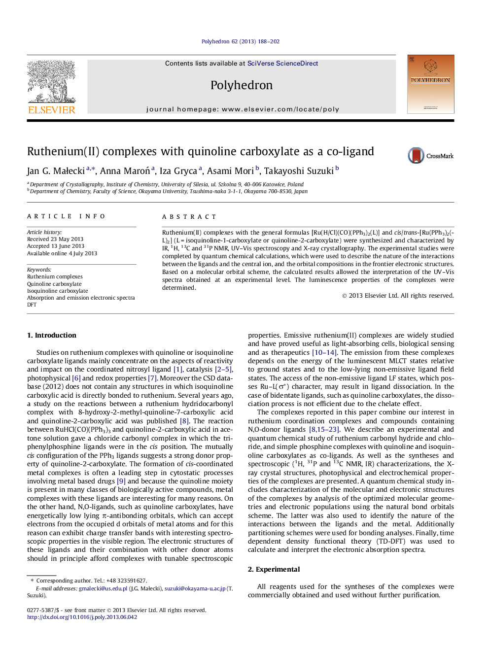 Ruthenium(II) complexes with quinoline carboxylate as a co-ligand