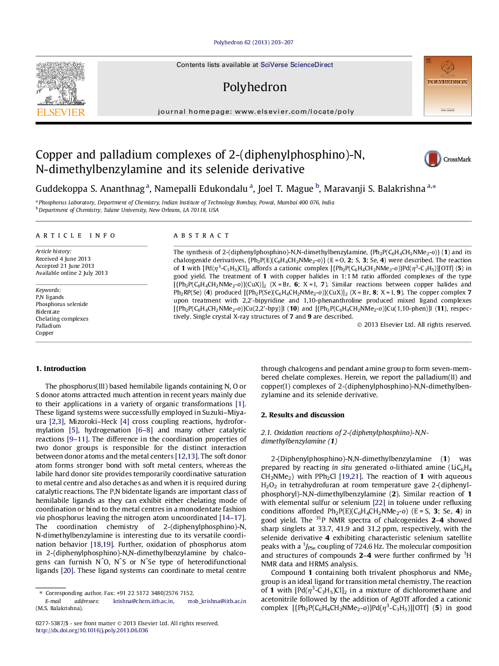 Copper and palladium complexes of 2-(diphenylphosphino)-N,N-dimethylbenzylamine and its selenide derivative