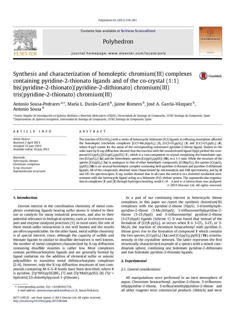 Synthesis and characterization of homoleptic chromium(III) complexes containing pyridine-2-thionato ligands and of the co-crystal (1:1) bis(pyridine-2-thionato)(pyridine-2-dithionato) chromium(III) tris(pyridine-2-thionato) chromium(III)