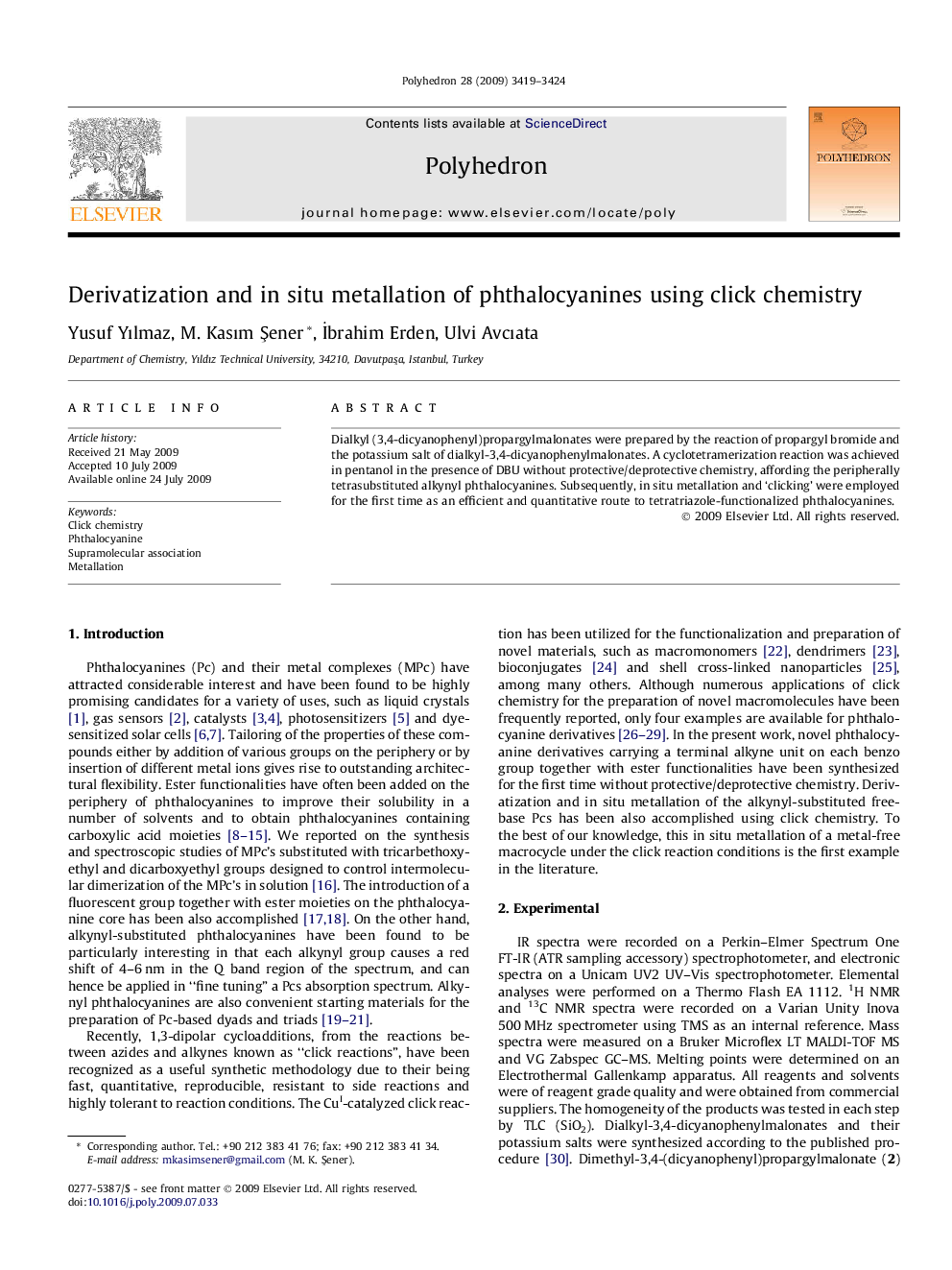 Derivatization and in situ metallation of phthalocyanines using click chemistry