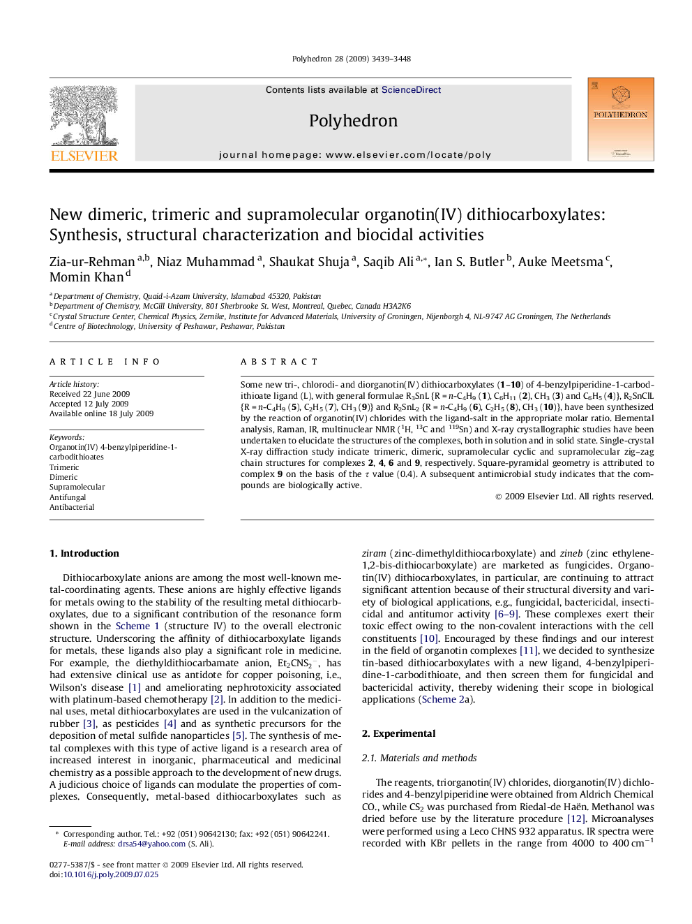 New dimeric, trimeric and supramolecular organotin(IV) dithiocarboxylates: Synthesis, structural characterization and biocidal activities