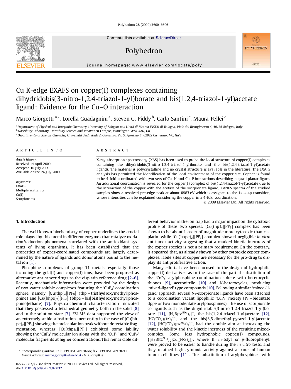 Cu K-edge EXAFS on copper(I) complexes containing dihydridobis(3-nitro-1,2,4-triazol-1-yl)borate and bis(1,2,4-triazol-1-yl)acetate ligand: Evidence for the Cu–O interaction