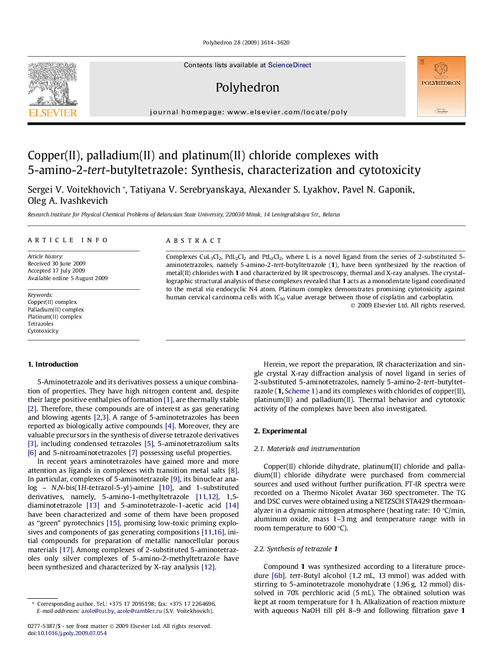 Copper(II), palladium(II) and platinum(II) chloride complexes with 5-amino-2-tert-butyltetrazole: Synthesis, characterization and cytotoxicity