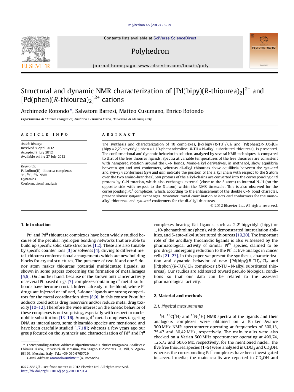 Structural and dynamic NMR characterization of [Pd(bipy)(R-thiourea)2]2+ and [Pd(phen)(R-thiourea)2]2+ cations