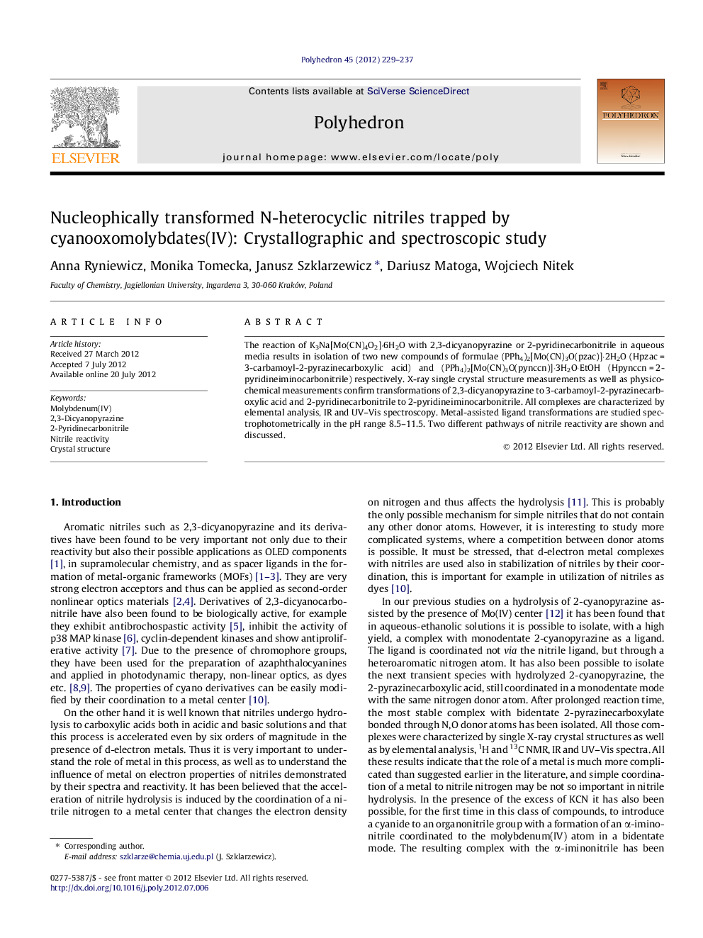 Nucleophically transformed N-heterocyclic nitriles trapped by cyanooxomolybdates(IV): Crystallographic and spectroscopic study
