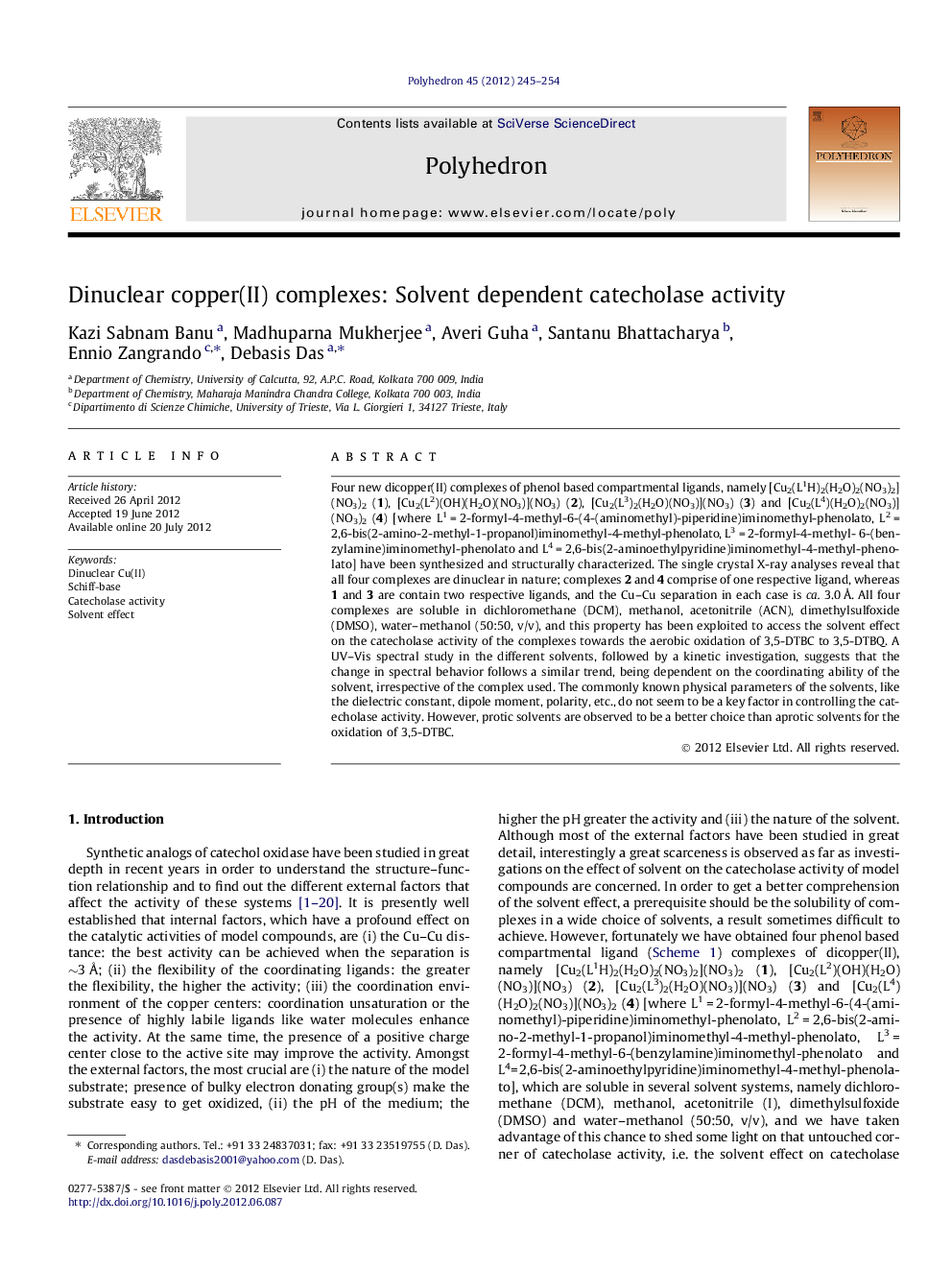 Dinuclear copper(II) complexes: Solvent dependent catecholase activity