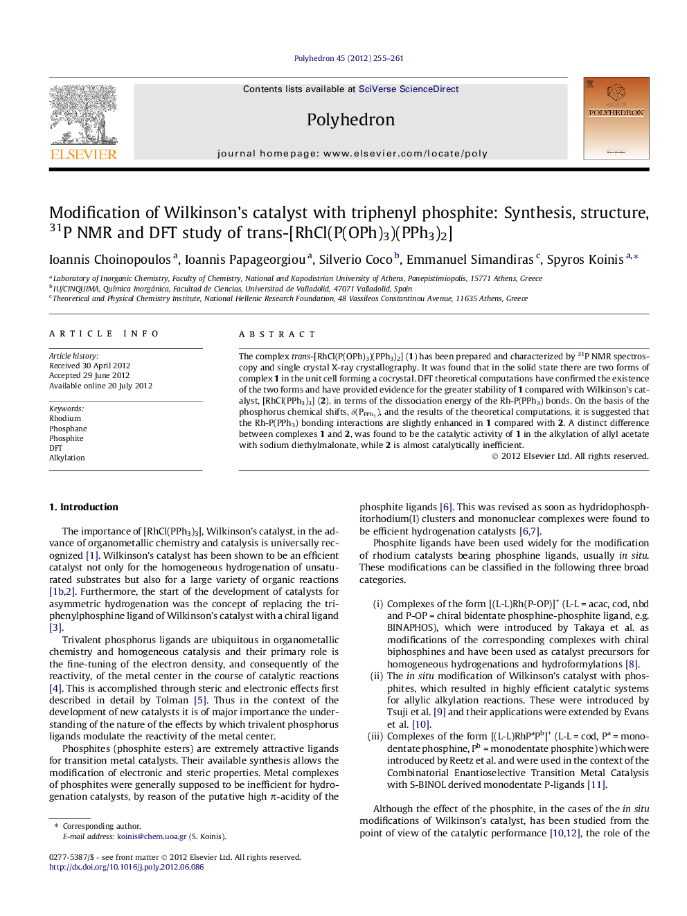 Modification of Wilkinson’s catalyst with triphenyl phosphite: Synthesis, structure, 31P NMR and DFT study of trans-[RhCl(P(OPh)3)(PPh3)2]