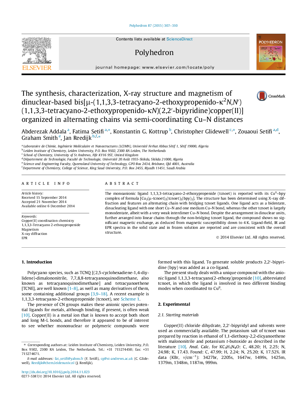 The synthesis, characterization, X-ray structure and magnetism of dinuclear-based bis[μ-(1,1,3,3-tetracyano-2-ethoxypropenido-κ2N,N′) (1,1,3,3-tetracyano-2-ethoxypropenido-κN)(2,2′-bipyridine)copper(II)] organized in alternating chains via semi-coordinati