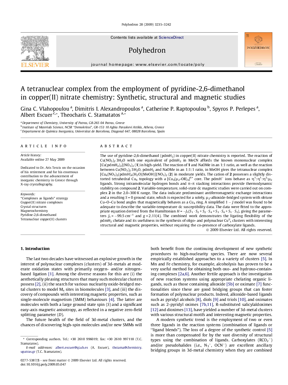 A tetranuclear complex from the employment of pyridine-2,6-dimethanol in copper(II) nitrate chemistry: Synthetic, structural and magnetic studies