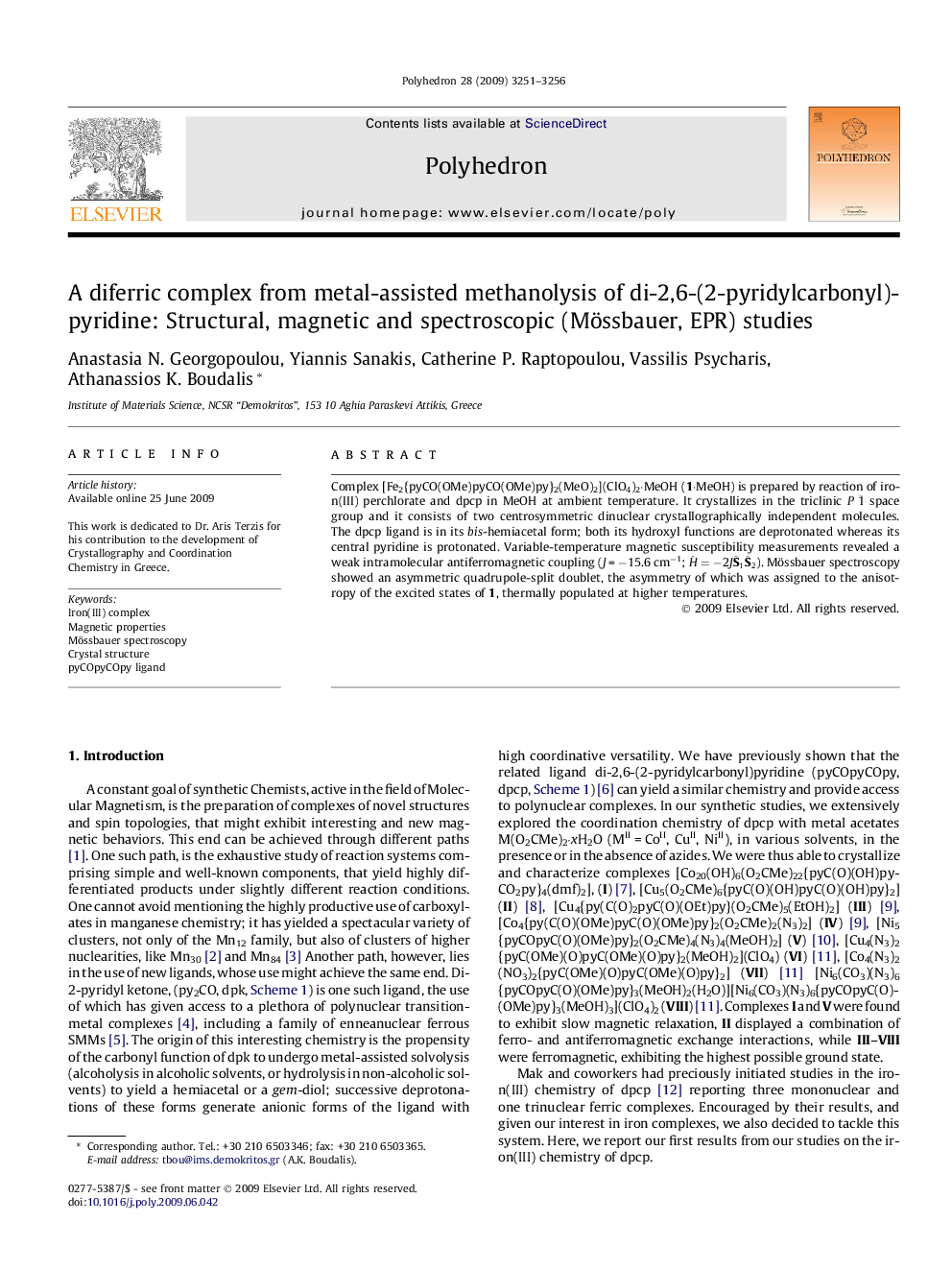 A diferric complex from metal-assisted methanolysis of di-2,6-(2-pyridylcarbonyl)-pyridine: Structural, magnetic and spectroscopic (Mössbauer, EPR) studies