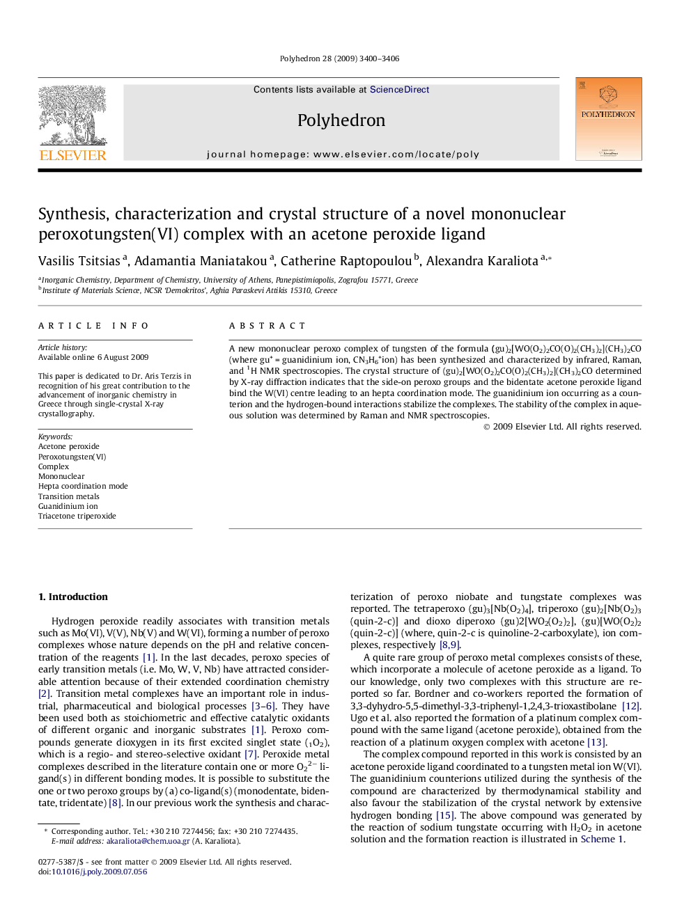 Synthesis, characterization and crystal structure of a novel mononuclear peroxotungsten(VI) complex with an acetone peroxide ligand