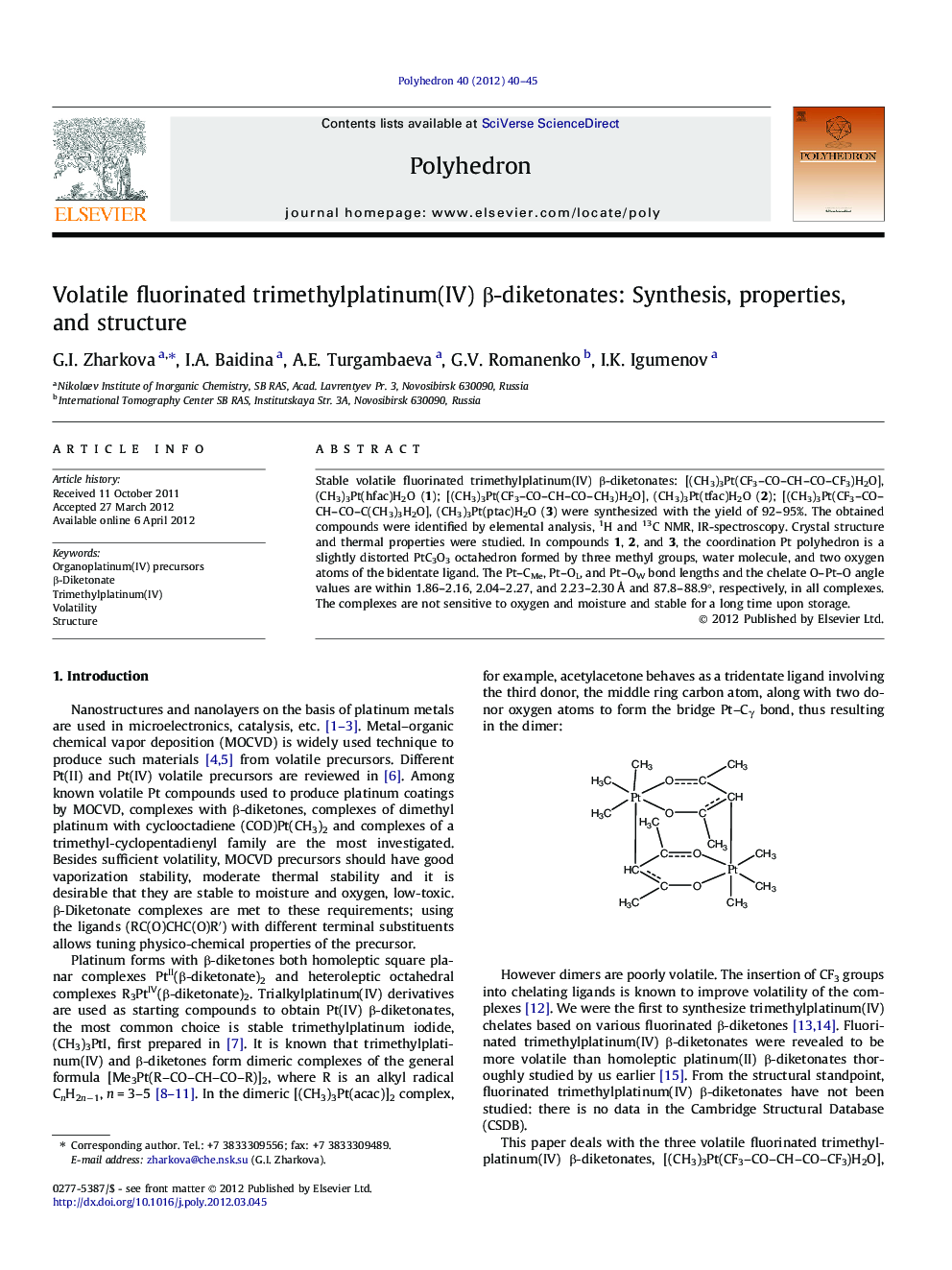 Volatile fluorinated trimethylplatinum(IV) β-diketonates: Synthesis, properties, and structure