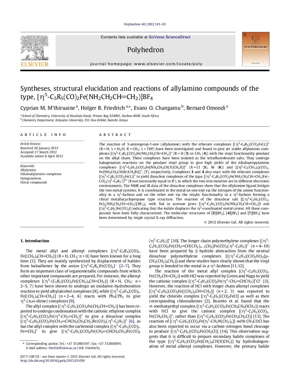 Syntheses, structural elucidation and reactions of allylamino compounds of the type, [Î·5-C5R5(CO)2Fe(NH2CH2CHCH2)]BF4