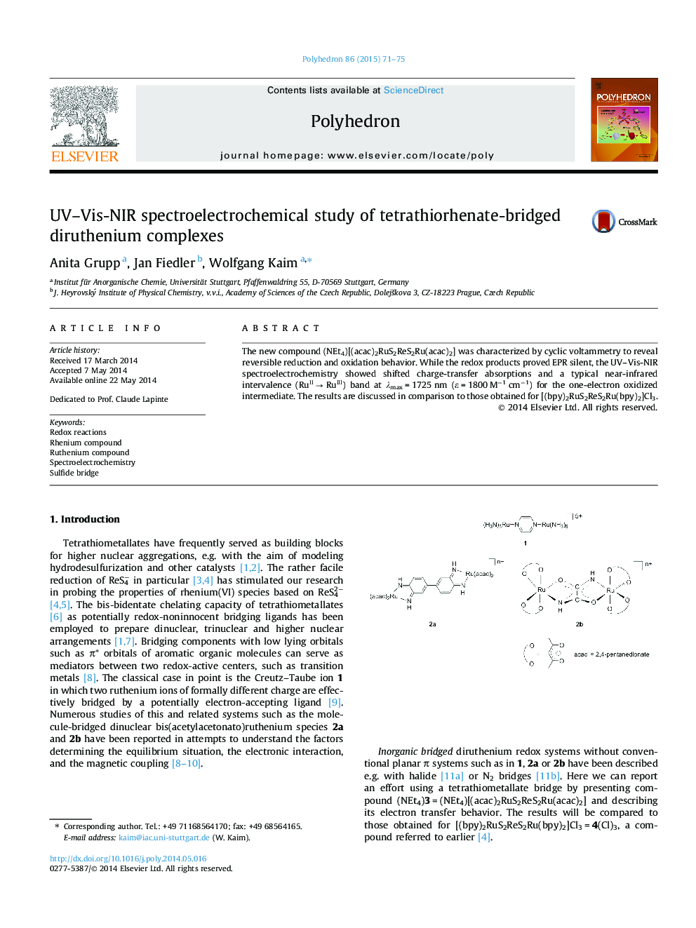 UV–Vis-NIR spectroelectrochemical study of tetrathiorhenate-bridged diruthenium complexes