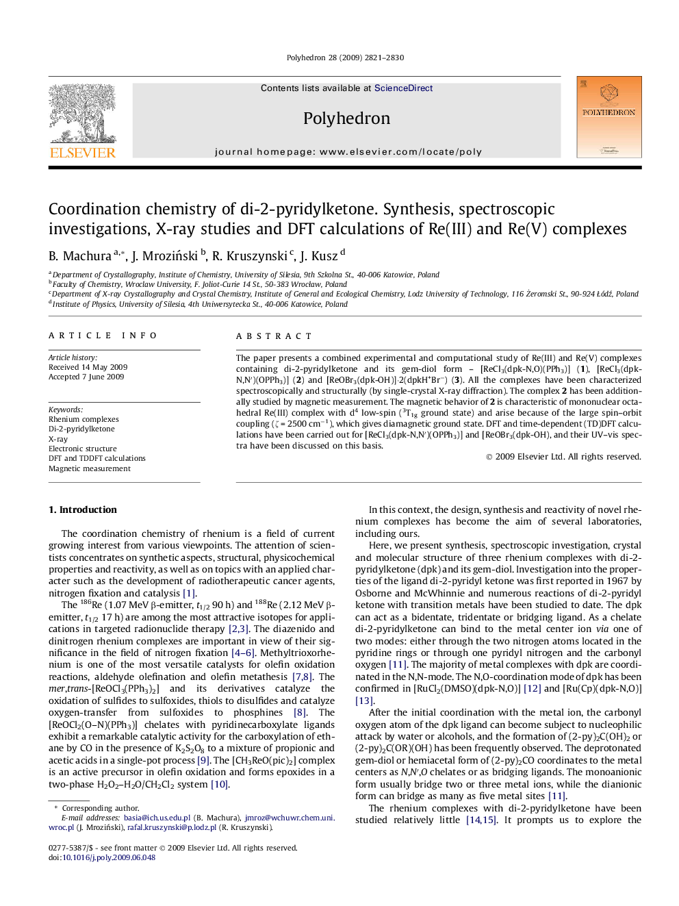 Coordination chemistry of di-2-pyridylketone. Synthesis, spectroscopic investigations, X-ray studies and DFT calculations of Re(III) and Re(V) complexes