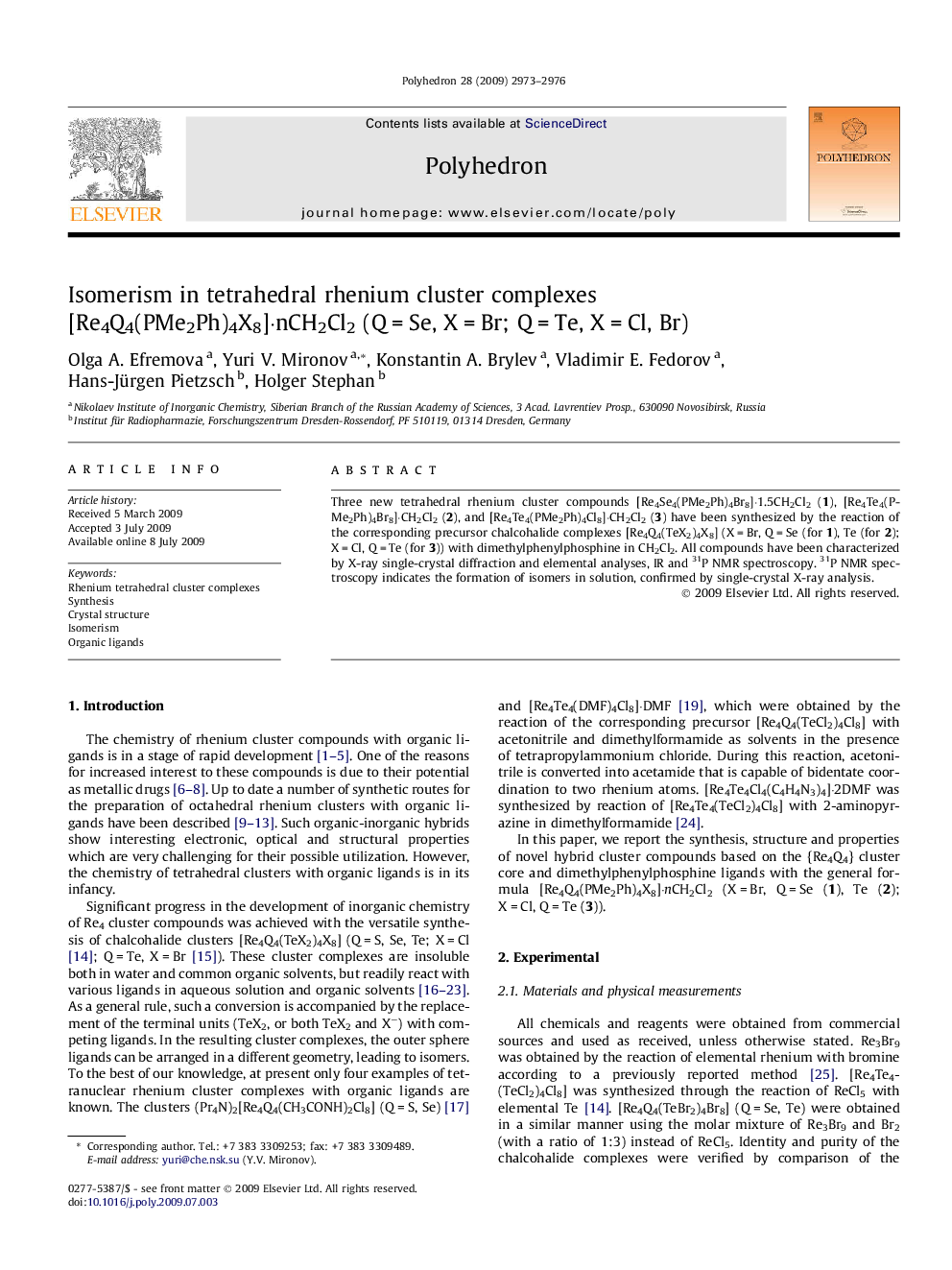 Isomerism in tetrahedral rhenium cluster complexes [Re4Q4(PMe2Ph)4X8]·nCH2Cl2 (Q = Se, X = Br; Q = Te, X = Cl, Br)