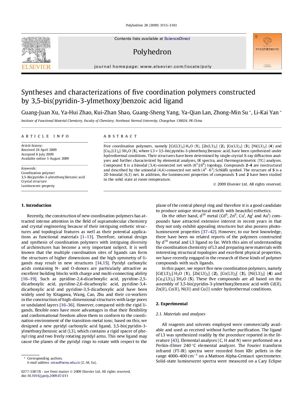 Syntheses and characterizations of five coordination polymers constructed by 3,5-bis(pyridin-3-ylmethoxy)benzoic acid ligand