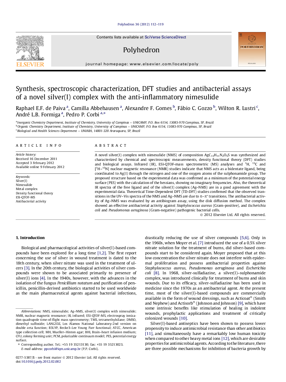 Synthesis, spectroscopic characterization, DFT studies and antibacterial assays of a novel silver(I) complex with the anti-inflammatory nimesulide