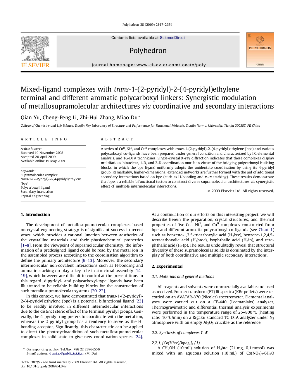 Mixed-ligand complexes with trans-1-(2-pyridyl)-2-(4-pyridyl)ethylene terminal and different aromatic polycarboxyl linkers: Synergistic modulation of metallosupramolecular architectures via coordinative and secondary interactions