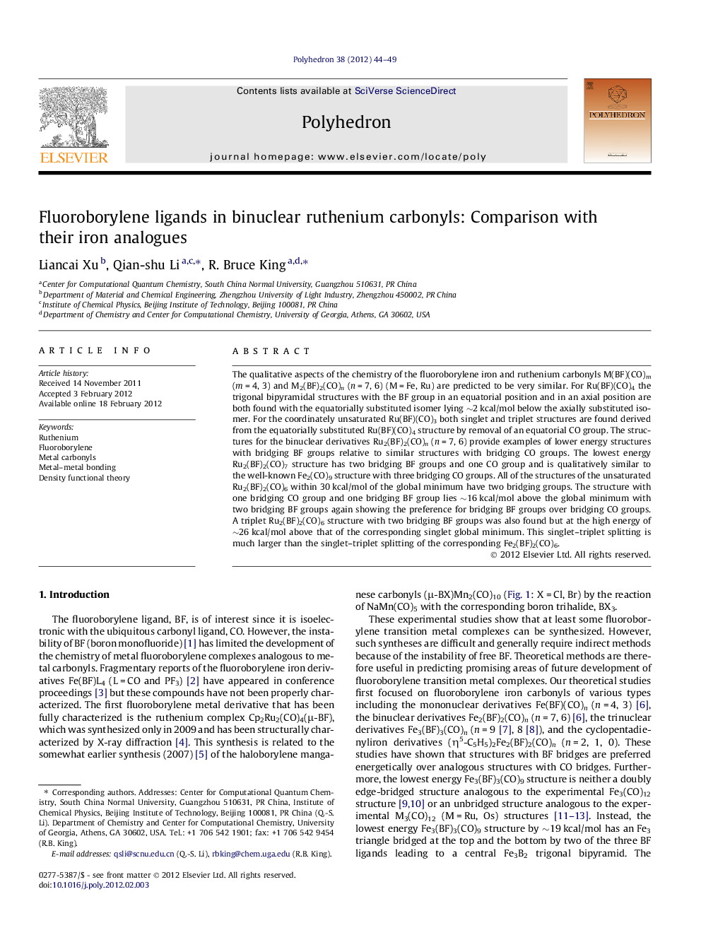 Fluoroborylene ligands in binuclear ruthenium carbonyls: Comparison with their iron analogues