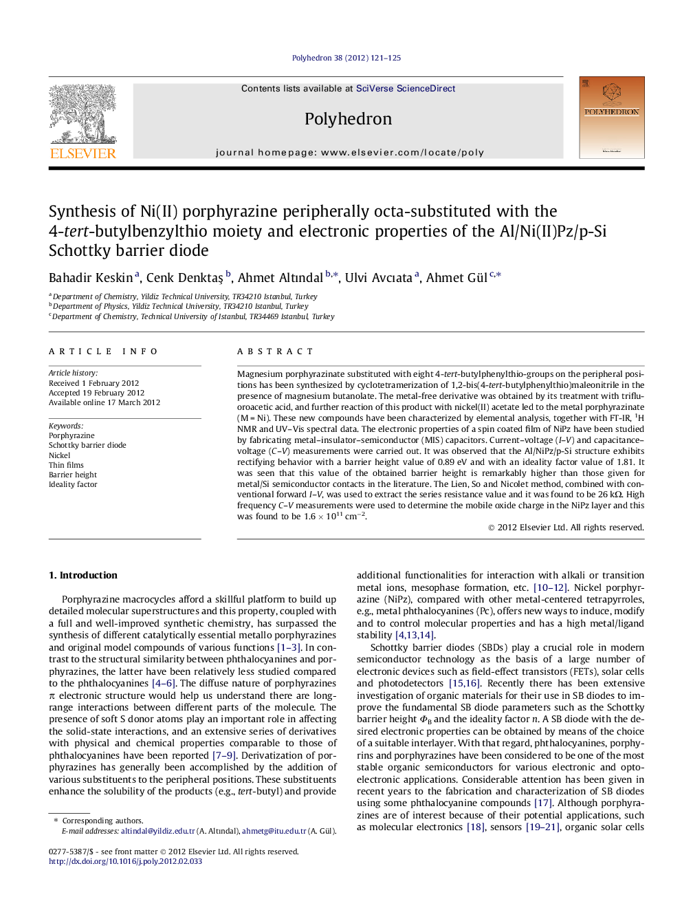 Synthesis of Ni(II) porphyrazine peripherally octa-substituted with the 4-tert-butylbenzylthio moiety and electronic properties of the Al/Ni(II)Pz/p-Si Schottky barrier diode